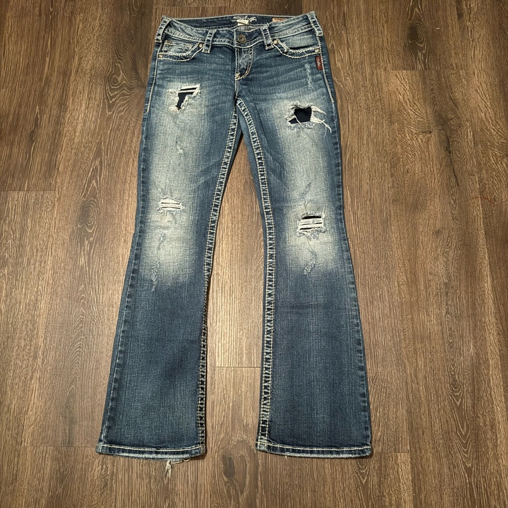 Silver Jeans Pioneer Blue Distressed Bootcut Jeans